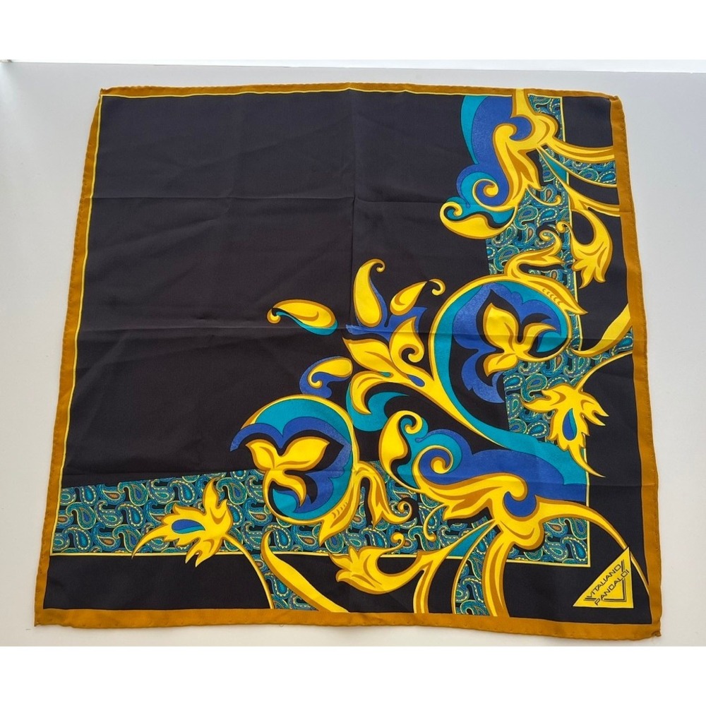 Vitaliano Pancaldi Silk Pocket Square Blue Yellow Gold Paisley Baroque Italy